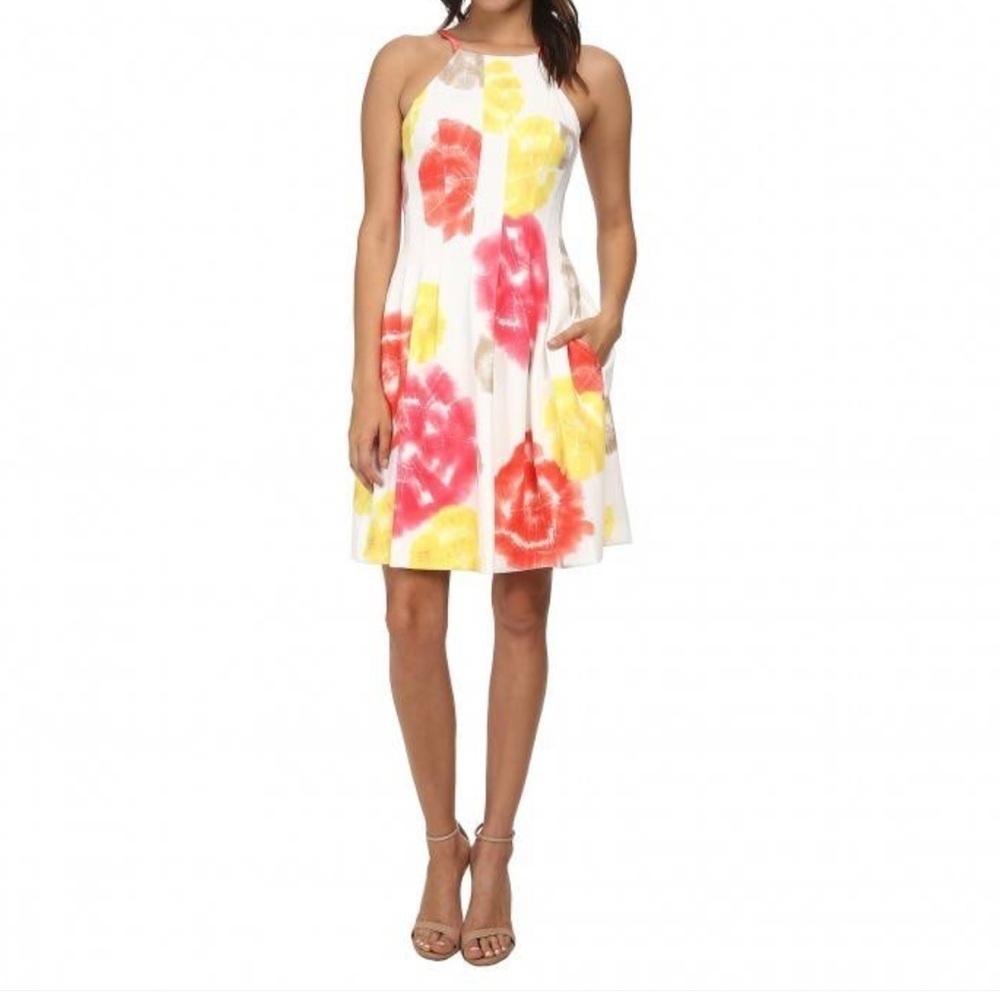 Calvin Klein Orange Floral Multicolor Sz 6 Sleeveless Fit & Flare Lined Dress